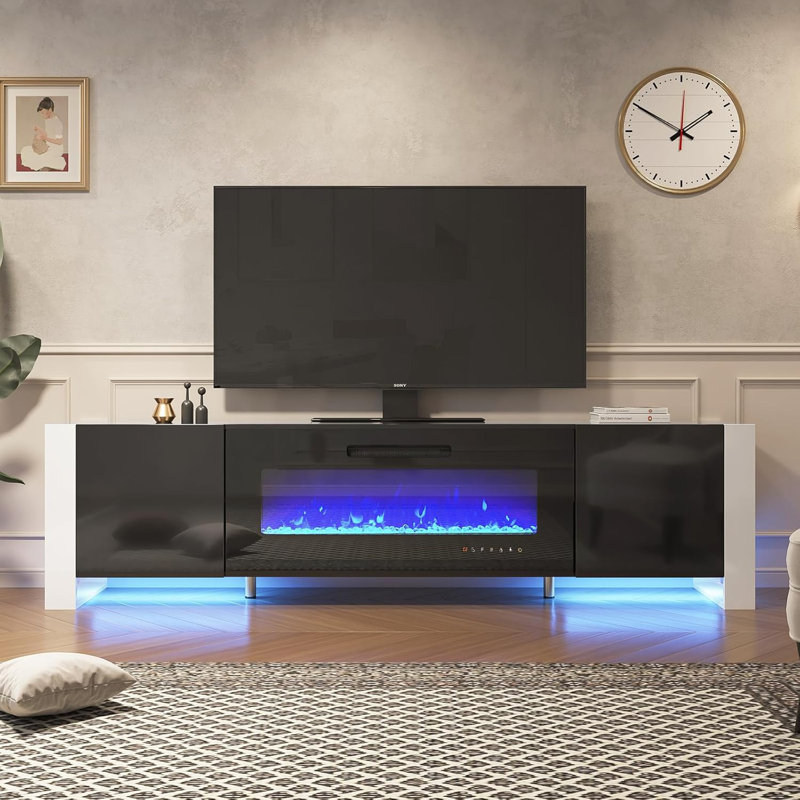 Bhhatu U-shaped Legs Mirrored Finish TV Stand with Electric Fireplace Included, All Black, 80