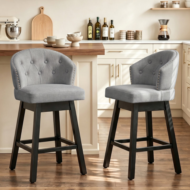 Aadhvika Upholstered BarStools with Solid Wood Frame, Gray/Linen, Counter Stool (26" Seat Height)