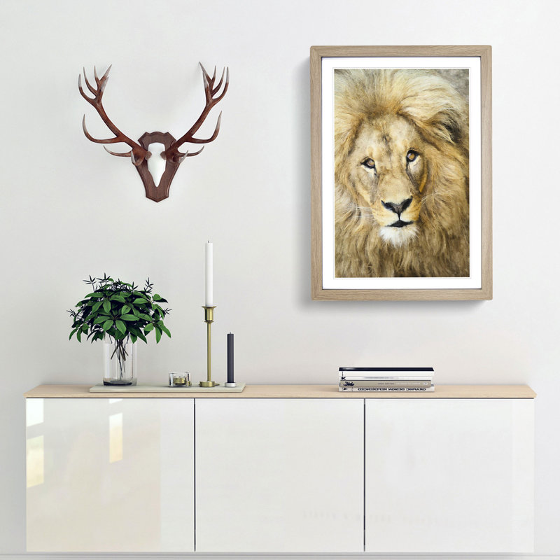 The Face of a Lion - Picture Frame Painting Print, 87cm H x 62cm W x 2cm D, Oak Framed