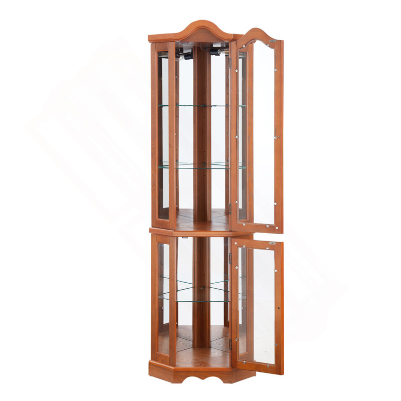 Vitrine de coin lumineuse avec portes et tablettes en verre trempé - rangement élégant en chêne pour le décor du salon et de la chambre à coucher