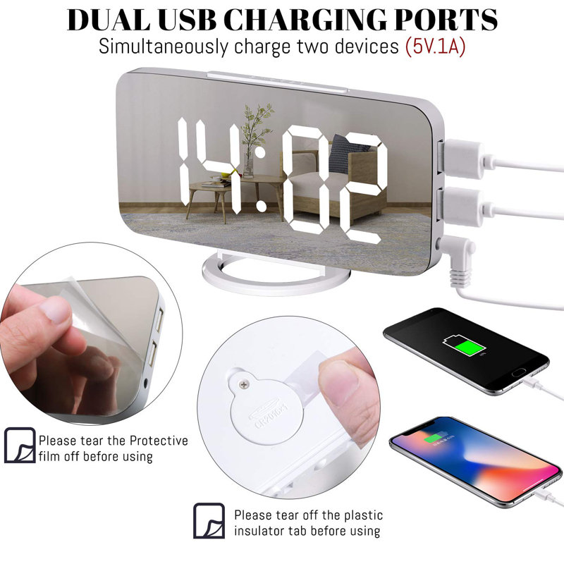 Digital Alarm Clock, Large LED Display, USB Charger, White