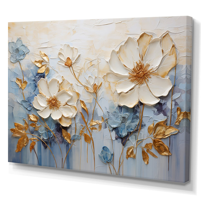Composition de fleurs saisonnières beiges et bleues II, Toile tendue, H 30 po x l 40 po x P 1,5 po
