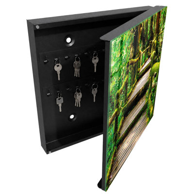Decorative key box for wall, Opens to the left, 30x30x5, Black, Wooden bridge in a green forest, 