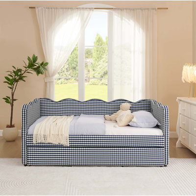 Cozy Gingham Daybed With Trundle Twin Size Sofa Bed No Box Spring Needed, With USB Port And Adorable Wave Shaped, Linen Fabric