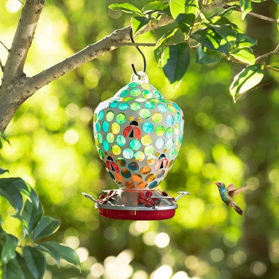 8.25"H Blue/Green Dots & Ladybugs Glass Hanging Hummingbird Feeder