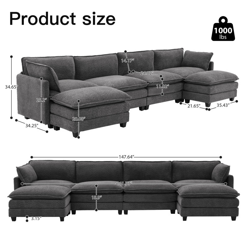U-shape Boucle Upholstered Sectional Sofa With Armrest, Grey Boucle