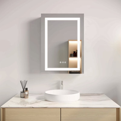 Armoire de salle de bain 26 po x 20 po avec miroir à DEL, anti-buée, imperméable, armoire de salle de bain à lumière unique 3000K6000K avec interrupteur tactile, à intensité variable, encastrée ou à fixation en surface (porte droite)