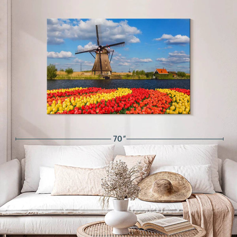 Vanna, tulipes et moulin à vent hollandais, H 32 po x l 48 po