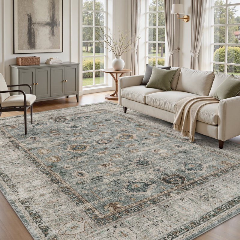 Vintage Distressed Washable Oriental Area Rug Turquoise/Teal, Rectangle 5' x 7', Green