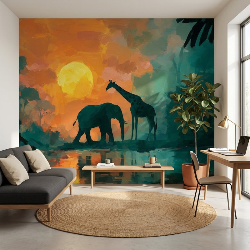 Décoration murale éléphant Girafe, 140 po x 108 po, Peler et coller