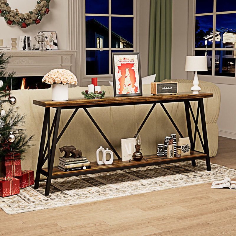 Console pour canapé extra longue avec tablettes, Brun rustique