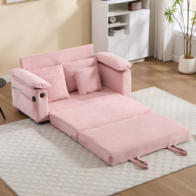 Canapé-lit convertible de plancher 58 po 3-en-1 de 58 po, causeuse pliable et capitonnée avec canapé-lit escamotable, causeuse à dossier rabattable avec poches latérales pour le salon - rose