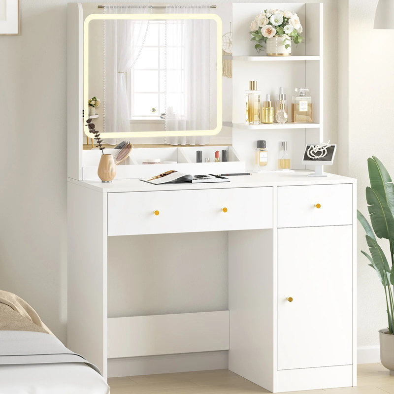 Coiffeuse avec miroir lumineux à DEL, multiprise intégrée, 5 tiroirs et tablettes, bureau de maquillage blanc pour la chambre à coucher