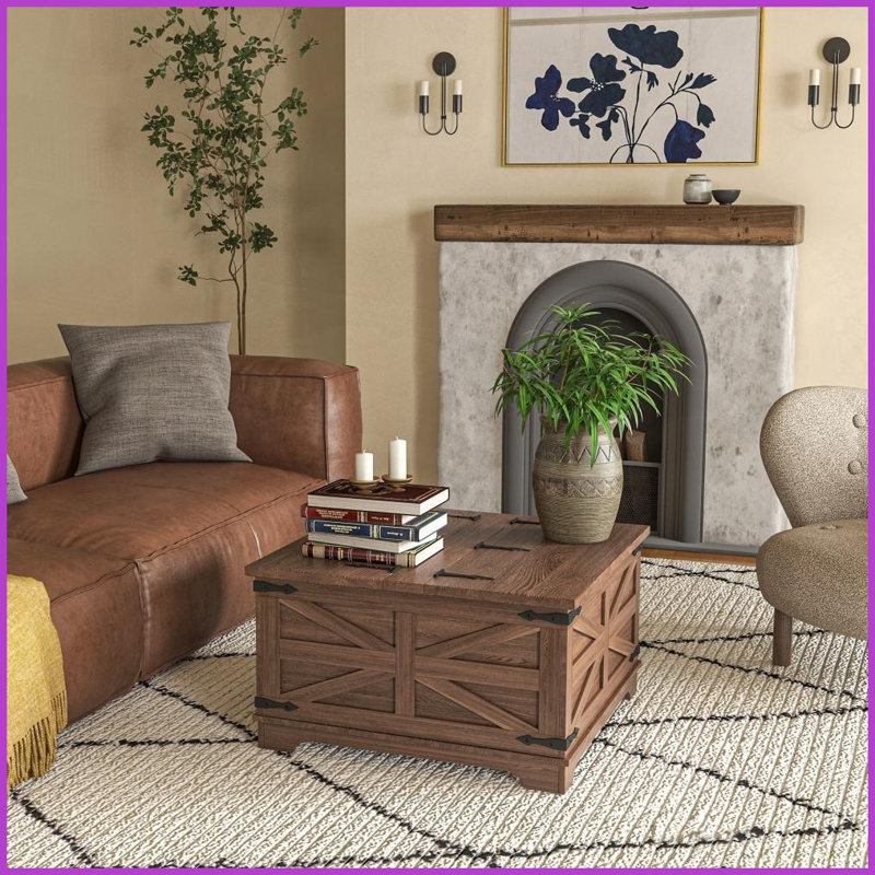[Table basse carrée brune patinée avec rangement à plateau relevable pour le salon, peu encombrante], Brun