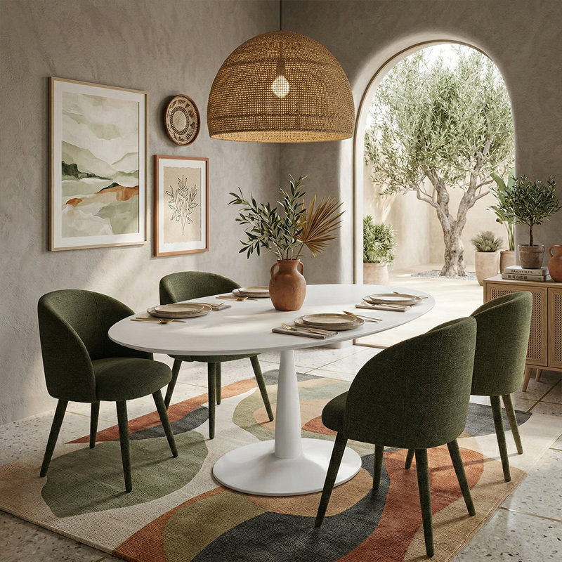 59" Oval Kitchen & Dining Table Set For 4 With Upholstered Arm Chairs And Pedestal Base, Green