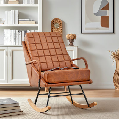 Faux Leather Rocking Armchair For Nursery Mid Century Modern Recliner Upholstered Accent Comfy Lounge Arm Chair For Bedroom,Living Room, Vintage Brown by George Oliver