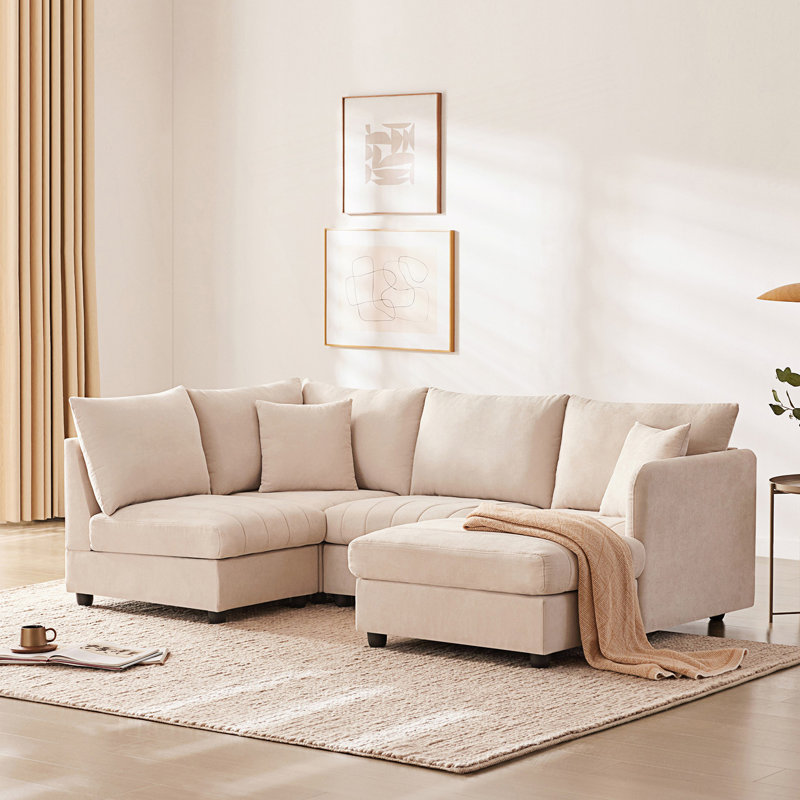 Canapé modulaire moderne avec assise profonde, canapé d'angle avec repose-pieds mobile, canapé confortable, Beige