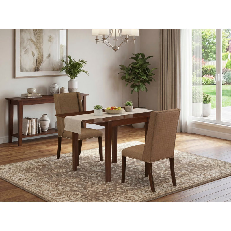 3 Piece Dining Table Set Contains a Rectangle Dining Room Table with Dropleaf and 2 Brown Linen Fabric Upholstered Chairs, Mahogany