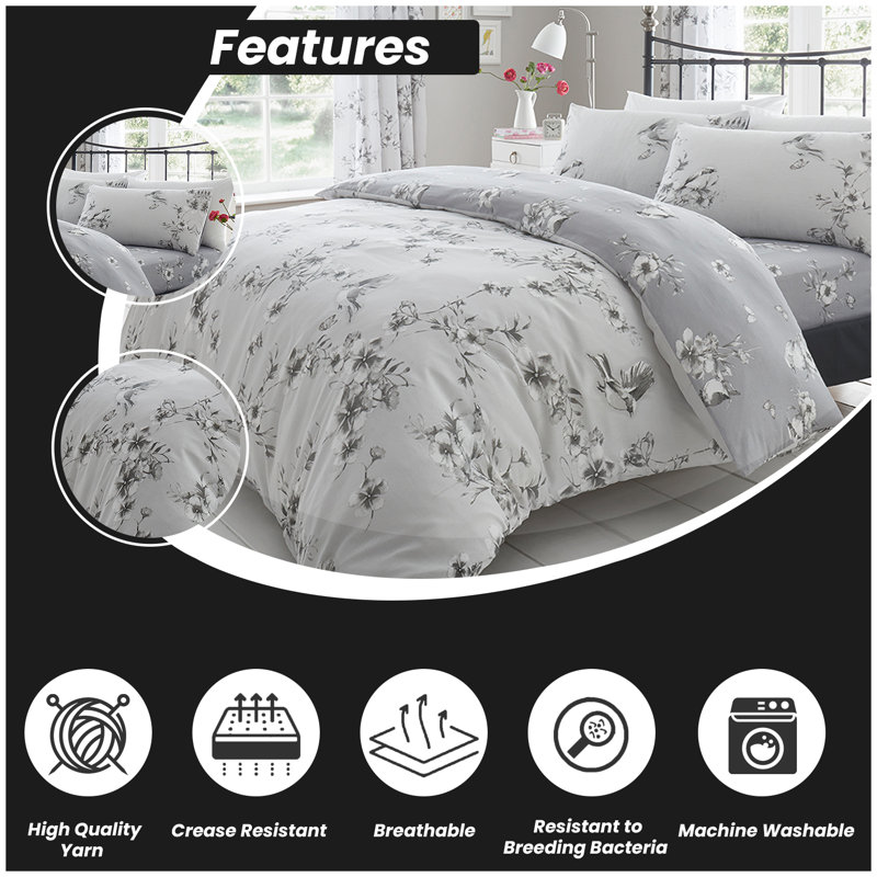 Birdie Blossom 144 TC Modern & Contemporary Duvet Cover Set, Grey, Double