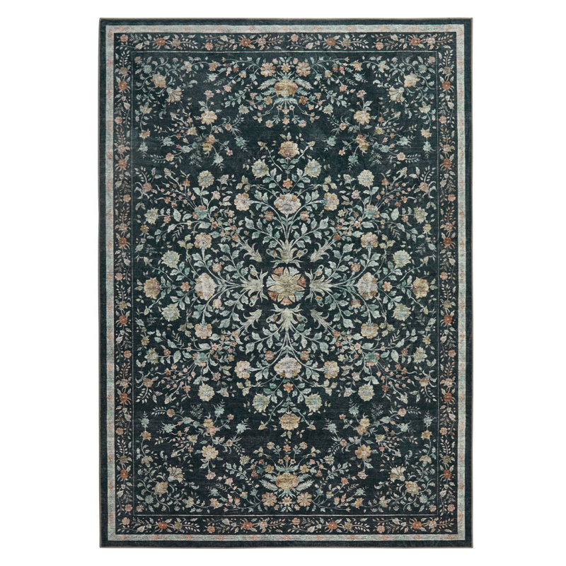 Machine Washable Floral Area Rug with Non-Slip Backing, Oriental Inspired Vintage Design for Living Room, Bedroom, Dining Room, and Home Office