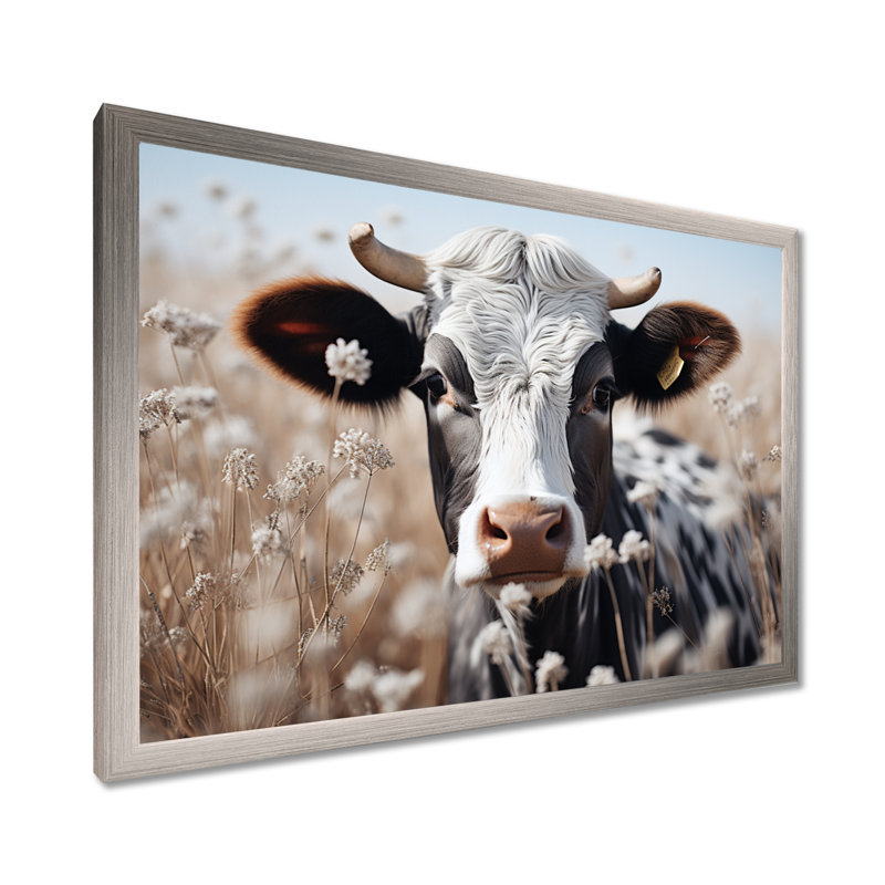 Vache fleur pâturée, reproduction d'art sur toile, H 12 po x l 20 po x P 1 po, Cadre photo argenté