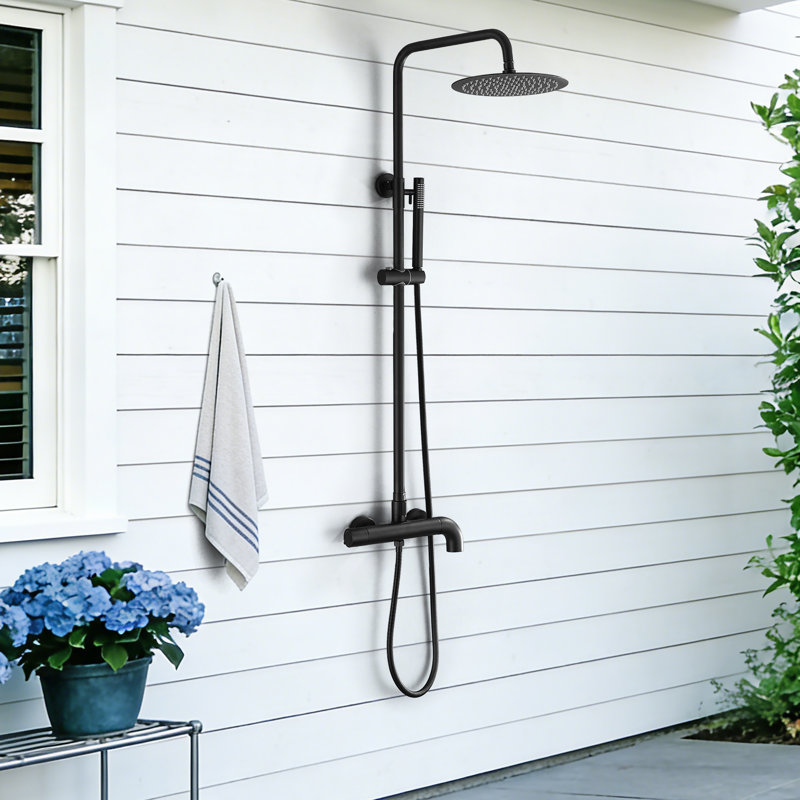 Wall Mount Solid Brass 3-Function Rust-free Outdoor Shower with Handheld Shower with Footwash Spout, Matte Black