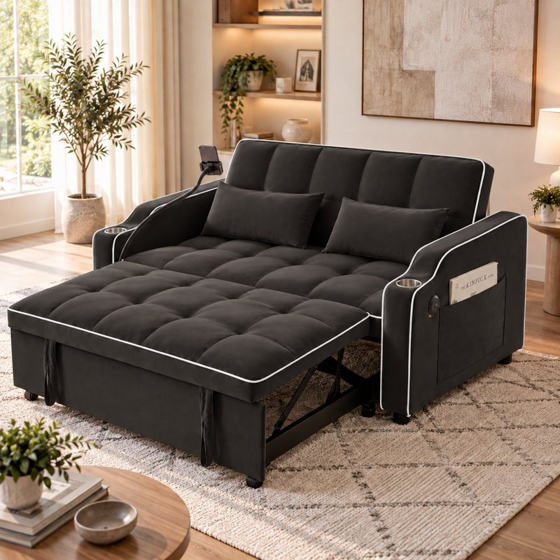 Canapé-lit convertible 3 en 1 en velours, avec fauteuil inclinable, dossier réglable, ports USB et Type-C, support pour téléphone, porte-gobelets et poches latérales.