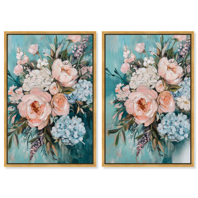 «Teal Elegant Floral Duet», ensemble de décorations murales encadrées par Art Remedy, H 25 po x l 17 po, Gold Frame