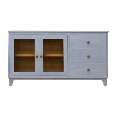 Izya 59 Inch Sideboard Console, 2 Glass Doors, 3 Drawers, Blue Solid Wood