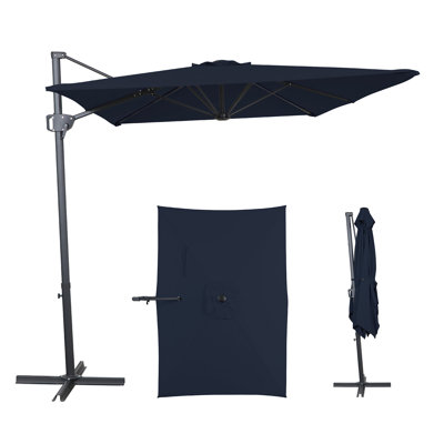 Parasol semi-incliné 10 pi x 6,5 pi en aluminium de couleur bleu foncé, manivelle à 360 °, résistant au vent