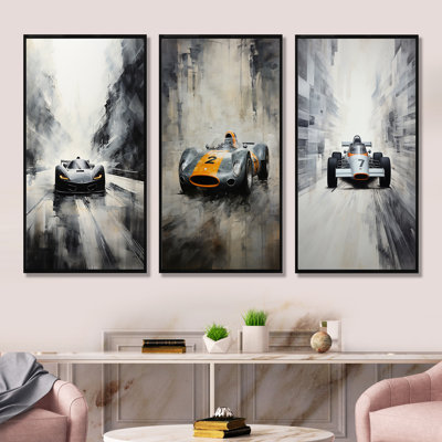Gray Minimalist Race Car Traces I - ensemble de 3 impressions sur toile