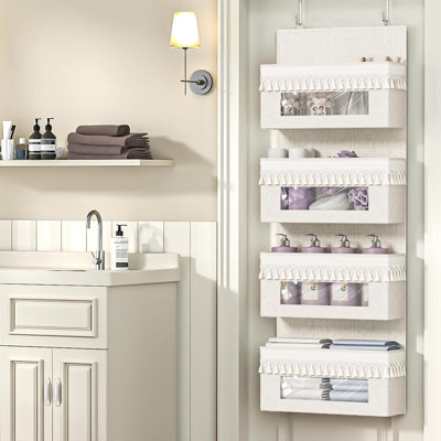 Rangement à 4 niveaux au-dessus de la porte de la chambre de bébé, organisateur de porte Boho suspendu avec des glands et une fenêtre transparente, rangement derrière la porte pour la chambre de bébé, chambre à coucher, salle de bain, buanderie, garde-manger