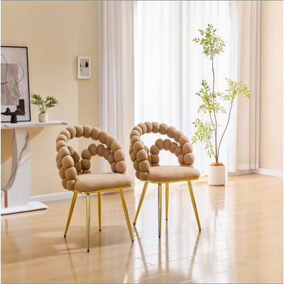 Ensemble de 2 chaises de salle à manger modernes en velours avec dossier à bulles, chaise d'appoint avec pieds en métal doré, fauteuil de coiffeuse rembourré pour salle à manger, salon, chambre à coucher