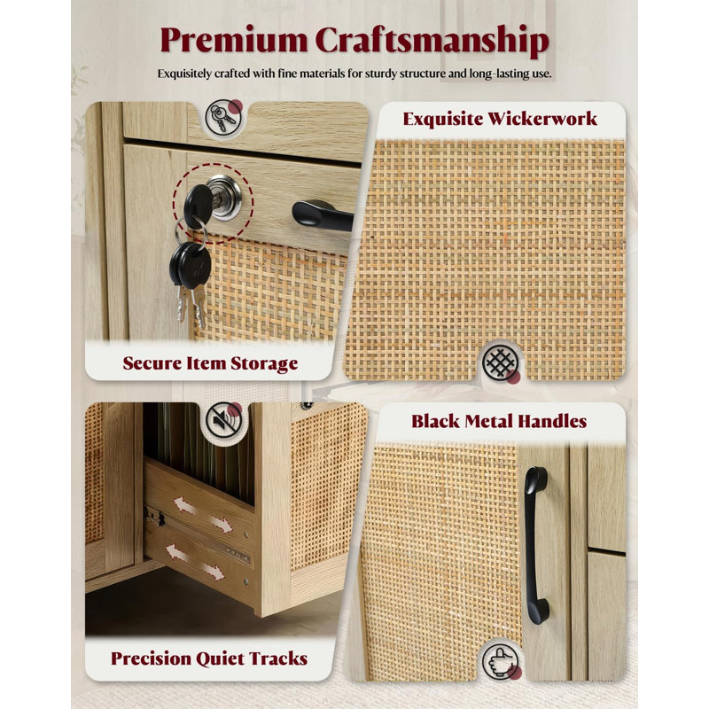 Rattan 3-Drawer & 2-Door Filing Cabinet With Lockable Drawer And Adjustable Shelf