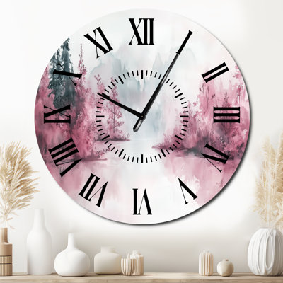Horloge murale ronde en métal «Pink Blossom Forest by the Lake»