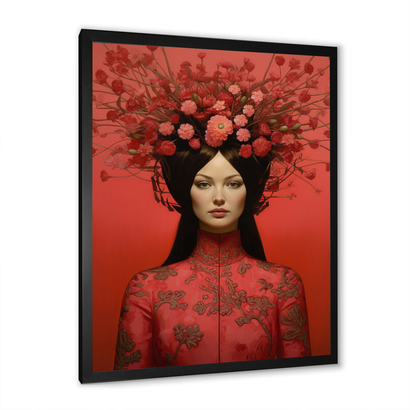 Portrait rétro d'une femme fleur mystérieuse - impression, H 32 po x l 24 po x P 1 po, Cadre simple noir
