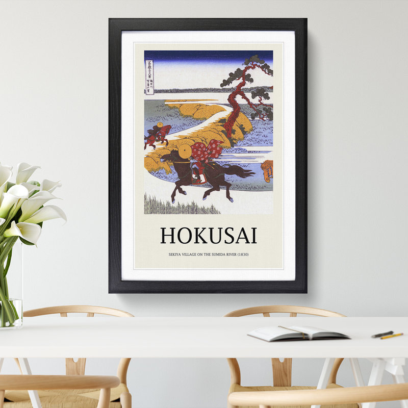 Horses in the Village of Sekiya by Katsushika Hokusai - Picture Frame Art Prints, 48cm H x 36cm W x 2cm D, Black Framed