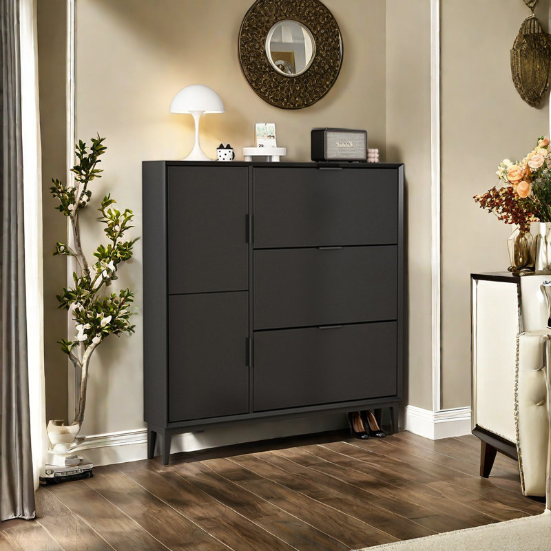 Italian Solid Wood Extremely Narrow Shoe Cabinet 16 Pair Shoe Storage Cabinet, Black