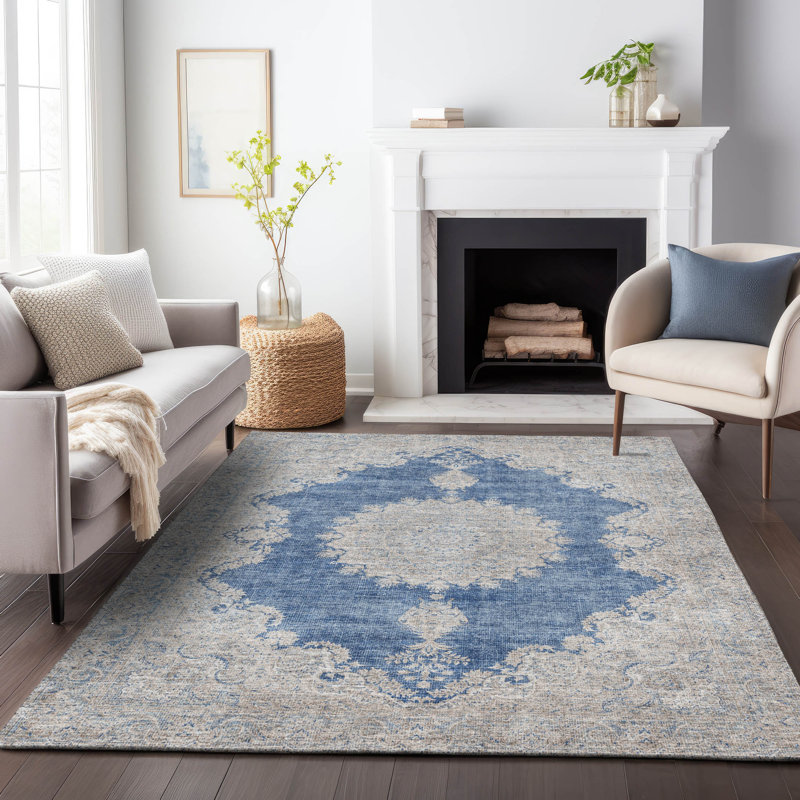Navy Rectangular Synthetic Flat Woven Washable Rug 3' x 5'