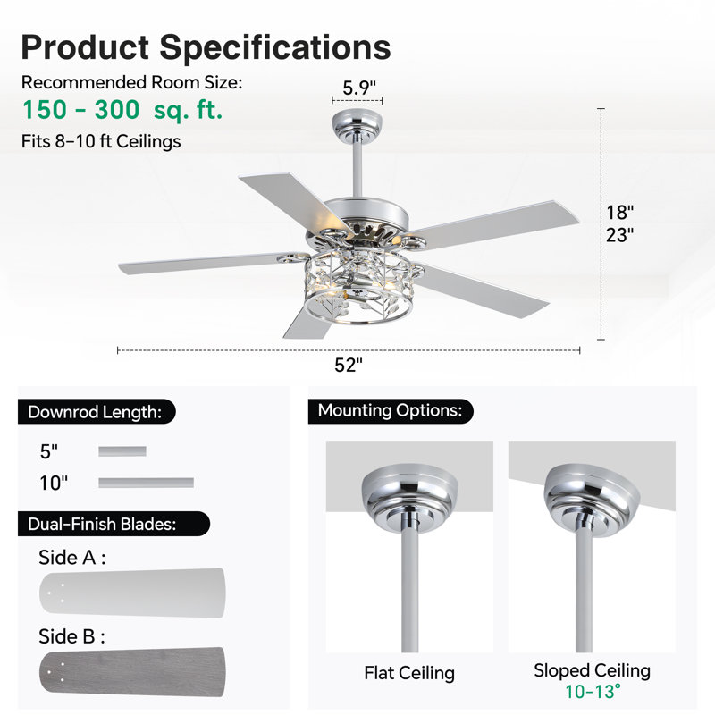 52" Crystal Ceiling Fan with Lights and Remote, Modern Glam 5-Blade Fan with Quiet Reversible DC Motor for Bedroom and Living Room