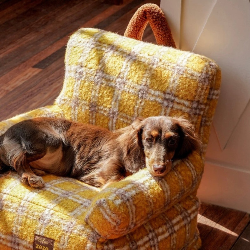 Canapé-lit pour chien de style rétro (à carreaux) - jaune petit