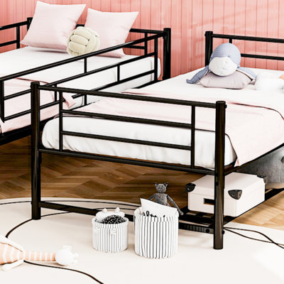 Twin Over Twin Metal Bunk Bed With Shelf And Guardrails, Space-Saving And Versatile Design For Modern Bedrooms