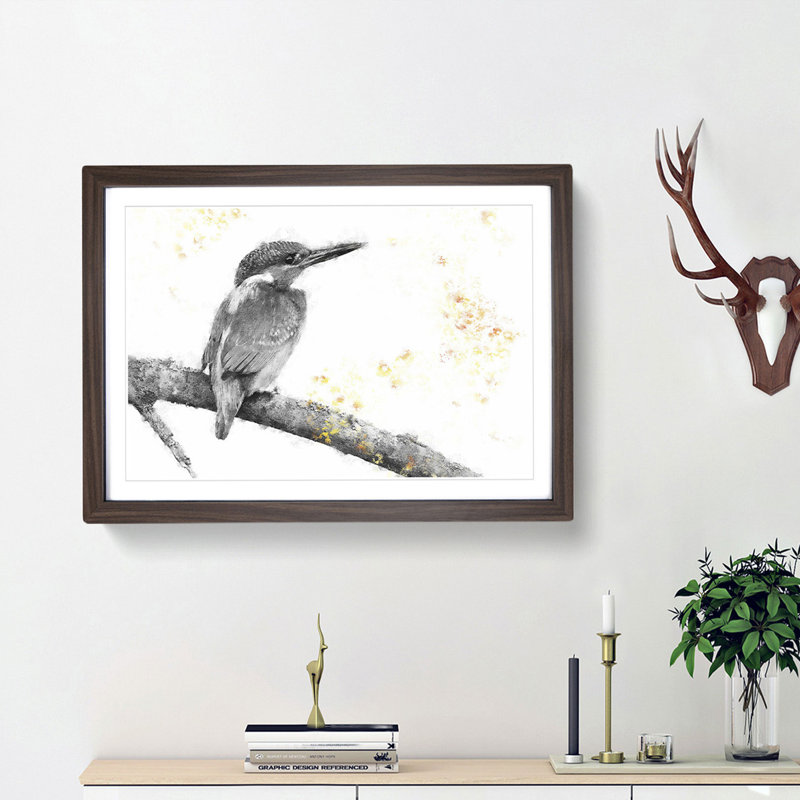 Kingfisher Bird on a Branch - Picture Frame Painting Print, 62cm H x 87cm W x 2cm D, Walnut Framed