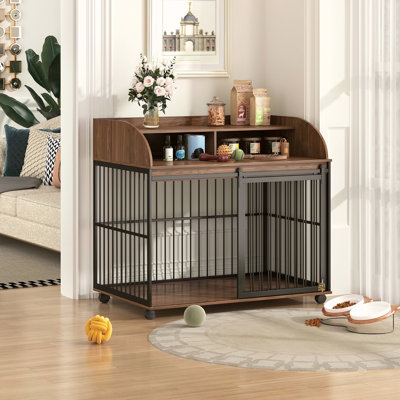 GO 44'' Heavy Duty Large Dog Crate Furniture For Large Medium Dog With Lockable Wheels, Wooden Dog Crate Dog Kennel, End Table Crate With Double Layer Storage, 