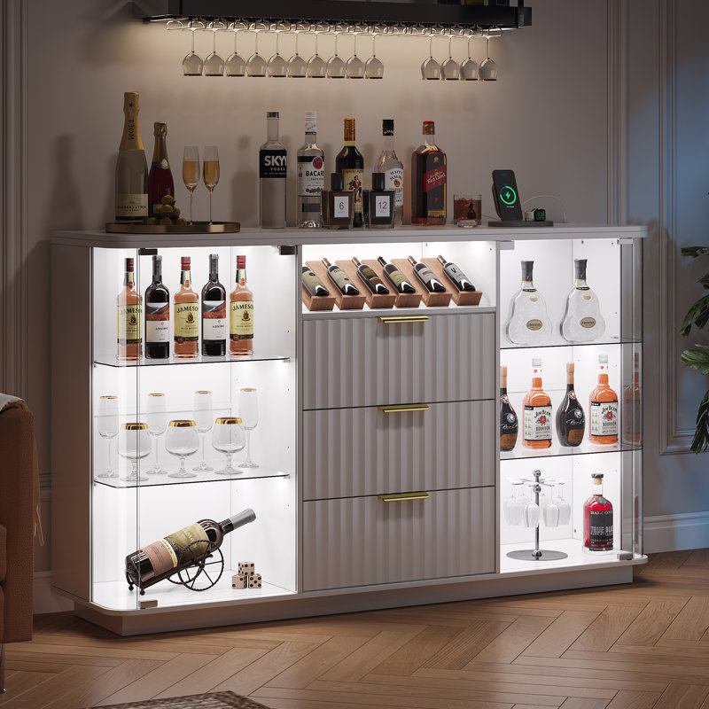 Buffet moderne en verre avec 3 modes d'éclairage et 3 grands tiroirs, Blanc