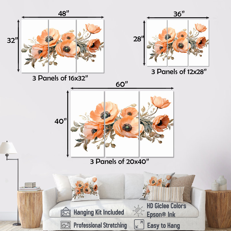 «Euphoria Peach Flowers On Branch - Storms», ensemble d'art sur toile, H 40 po x l 60 po x P 1 po