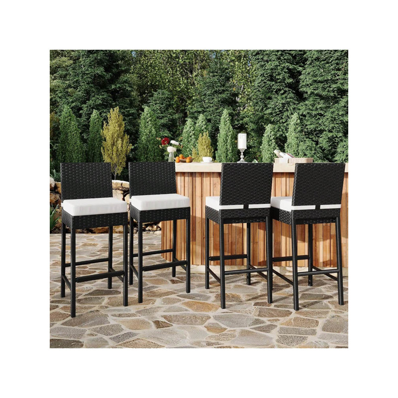 Ensemble de 4 tabourets de bar d'extérieur en osier avec coussins et tabourets de bar en rotin pour la cour et la piscine