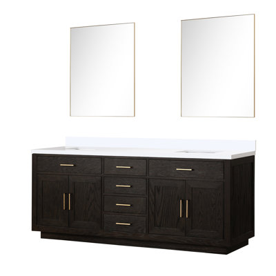 Meuble-lavabo double en chêne brun - 84 po L 22 po x P, surface en marbre de culture, 36 miroirs, dessus en miroir, panneaux en bois