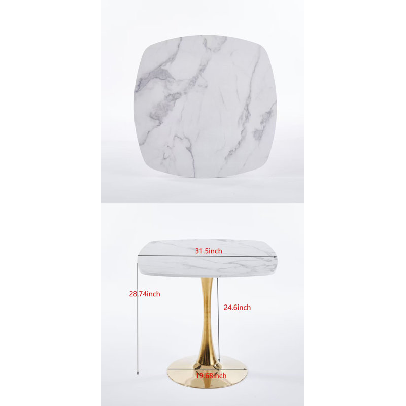 Table de salle à manger 31,5 pouces blanc et doré, H 28,93 po x L 31,5 po x l 31,5 po, Blanc