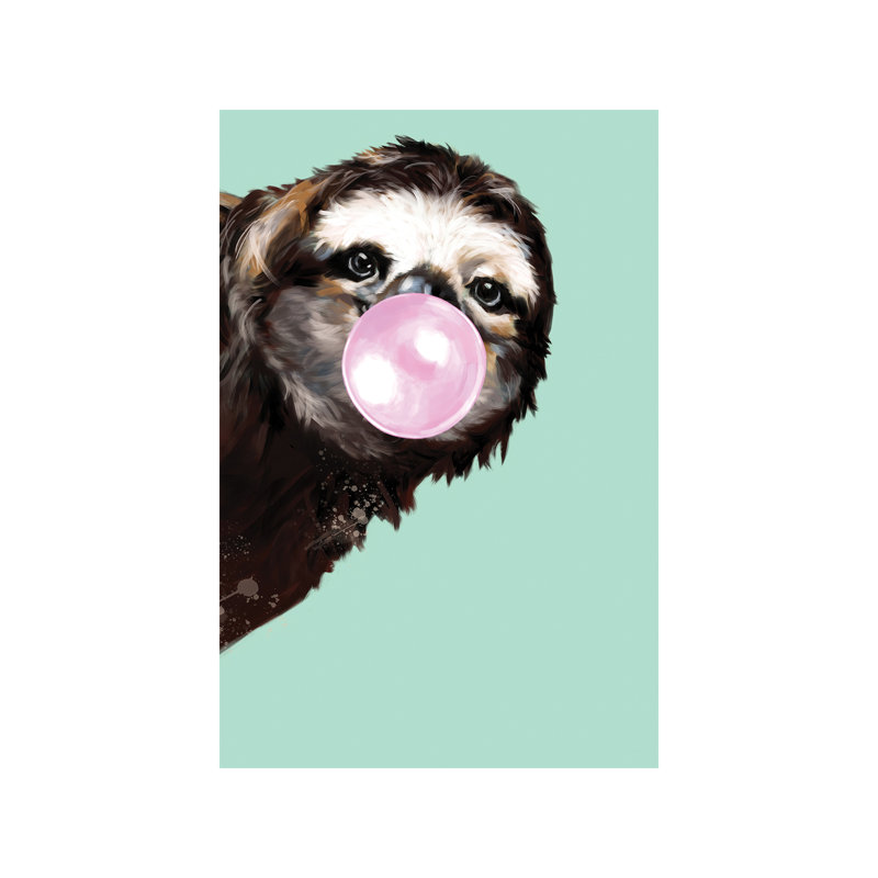 Sneaky Sloth Blowing Bubble Gum In Green by Big Nose Work - Print on Canvas, 66.04 cm H x 45.72 cm W x 1.91 cm D, No Frame